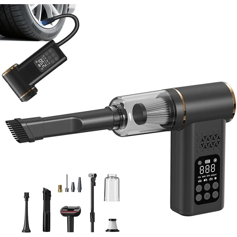 

Беспроводной автомобильный пылесос 5-в-1 с портативным насосом для шин, LED-подсветкой и цифровым манометром для автомобиля, дома, шерсти животных, мотоцикла