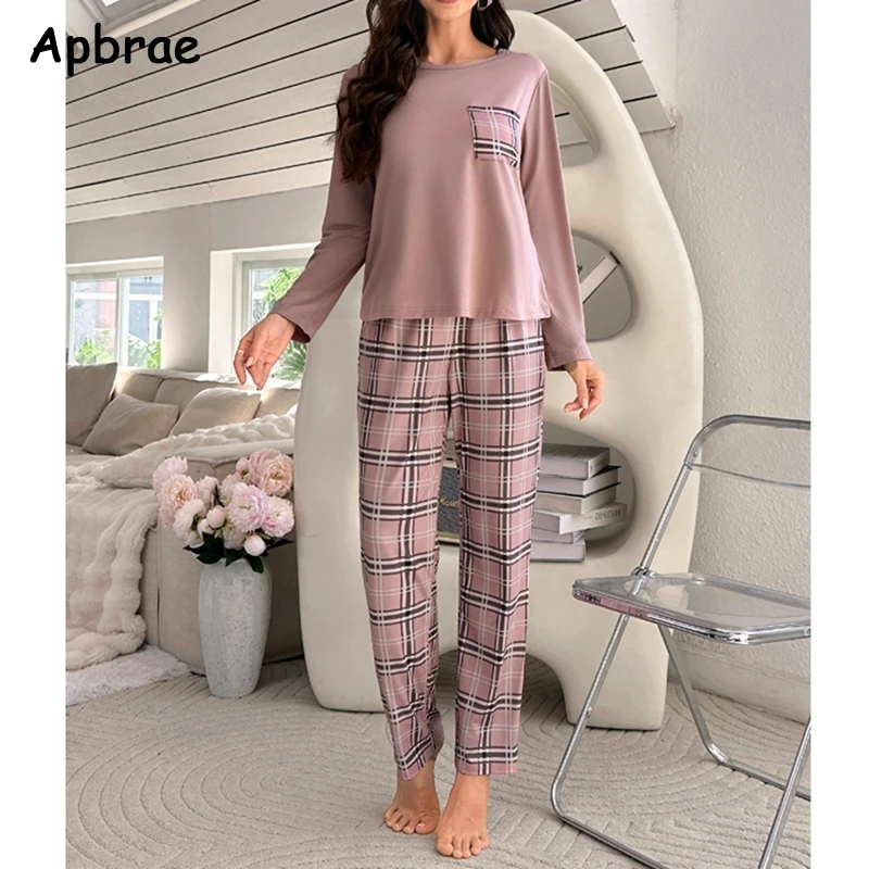 Autumn Winter Pajamas for Women Long Sleeves Plaid Pants Pijamas Woman Milk Silk Round Neck Homewear Girls Nightwear