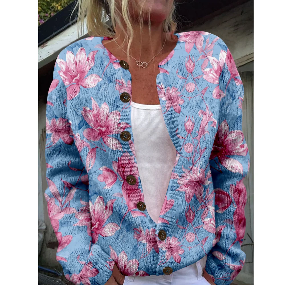 

Осень-зима вязаный милый кардиган с цветочным принтом, свитер, уличная одежда, женские свитера, вязаный топ, повседневные крутые джемперы, модные