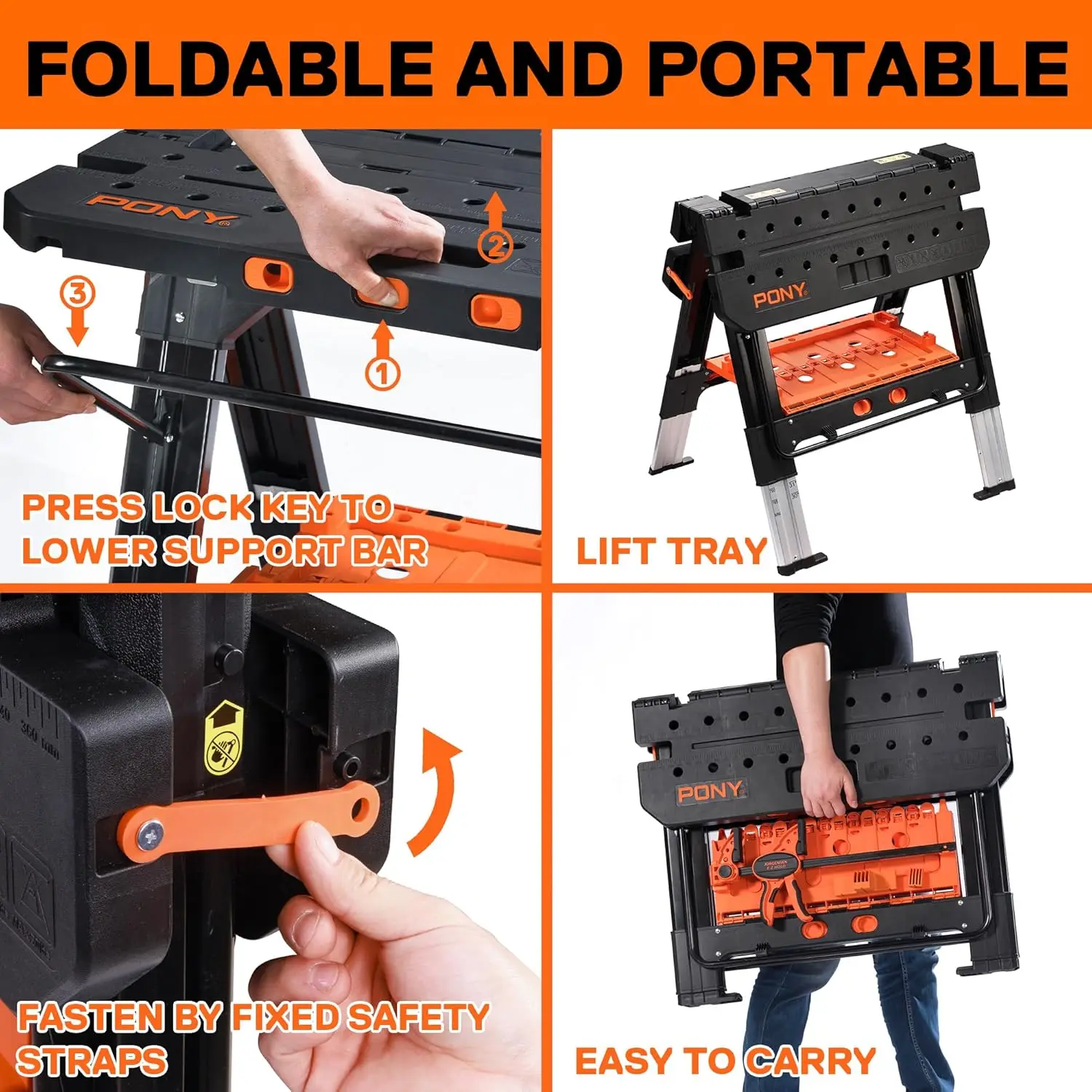 Portable Folding Work Table 2-in-1 as Sawhorse & Workbench Large Load Capacity with 4pcs Clamps 4pcs Bench Dogs