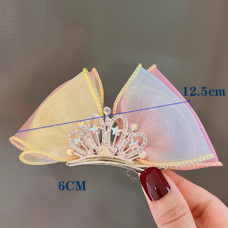 Pastel Rainbow Hair Bows Gradient Color Princess Crown Hair Clips Standing Bowknot Hairpin Kids Barrette Korean Hair Accessories