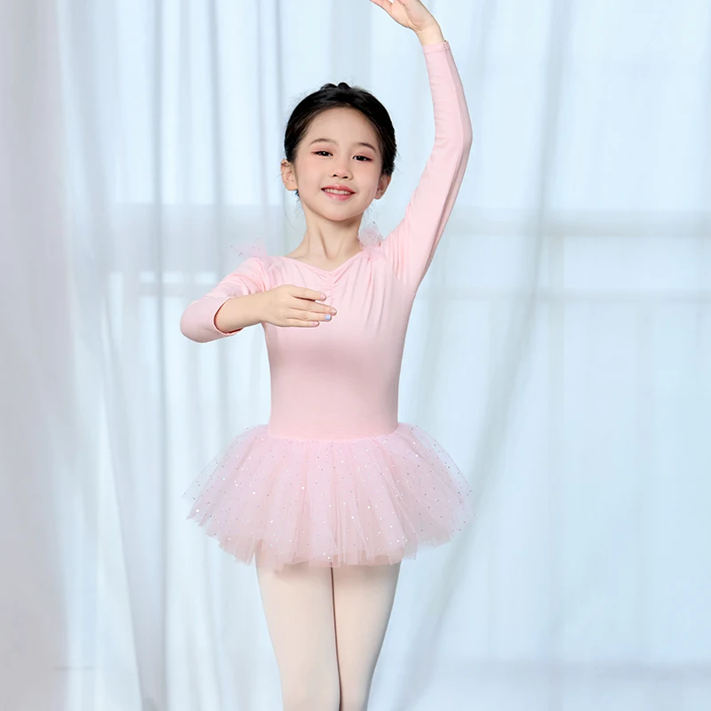 Justaucorps de ballet à manches longues pour filles, robe tutu de ballet pour enfants, olympiques de batterie de danse, jupes gonflées d'anniversaire roses pour enfants