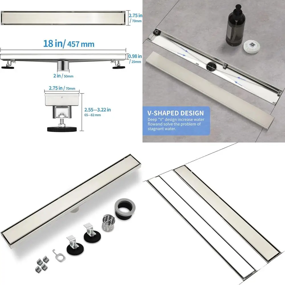 

18 Brushed 304 Stainless Steel Rectangular Shower Drain with Reversible Tile-in Pattern Cover & Hair Catcher, Adjustable Feet