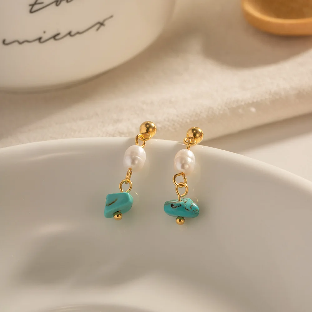 PRISCA | Turquoise Stainless Steel Earrings for Women.With Pearl.1Pair.Gold Document.Beach Boho Jewelry New.Elegant.Party Gift