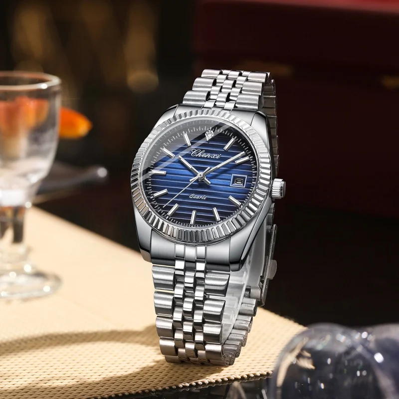 Классические мужские кварцевые часы CHENXI 004D, модные светящиеся часы из нержавеющей стали с календарем, водонепроницаемые повседневные нейтральные часы, элегантные часы