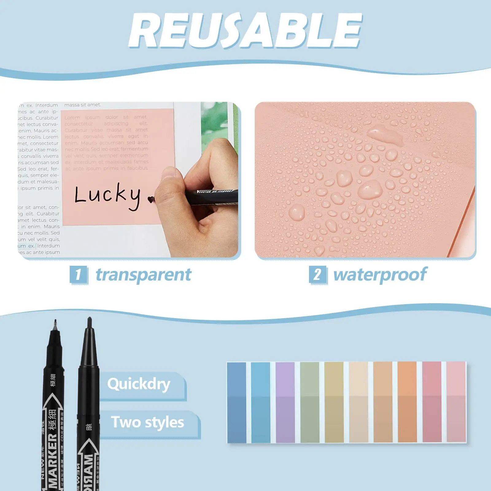 Kit de anotaciones de libros estéticos de 30 piezas con estuche grande para lápices, 12 resaltadores pastel, 5 bolígrafos de gel negros lisos, 700 hojas Transpa