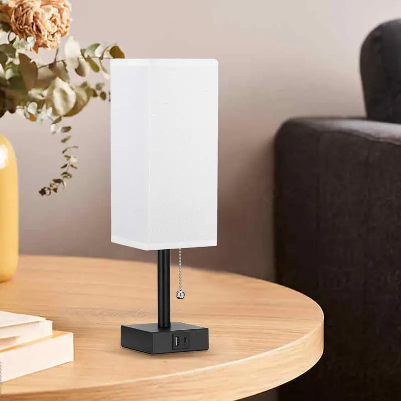 

Bedside Lamps With USB CA Charging Ports With 3-Color Modes With Pull Chain Bedroom Lamp With White Fabric Shade Night Light