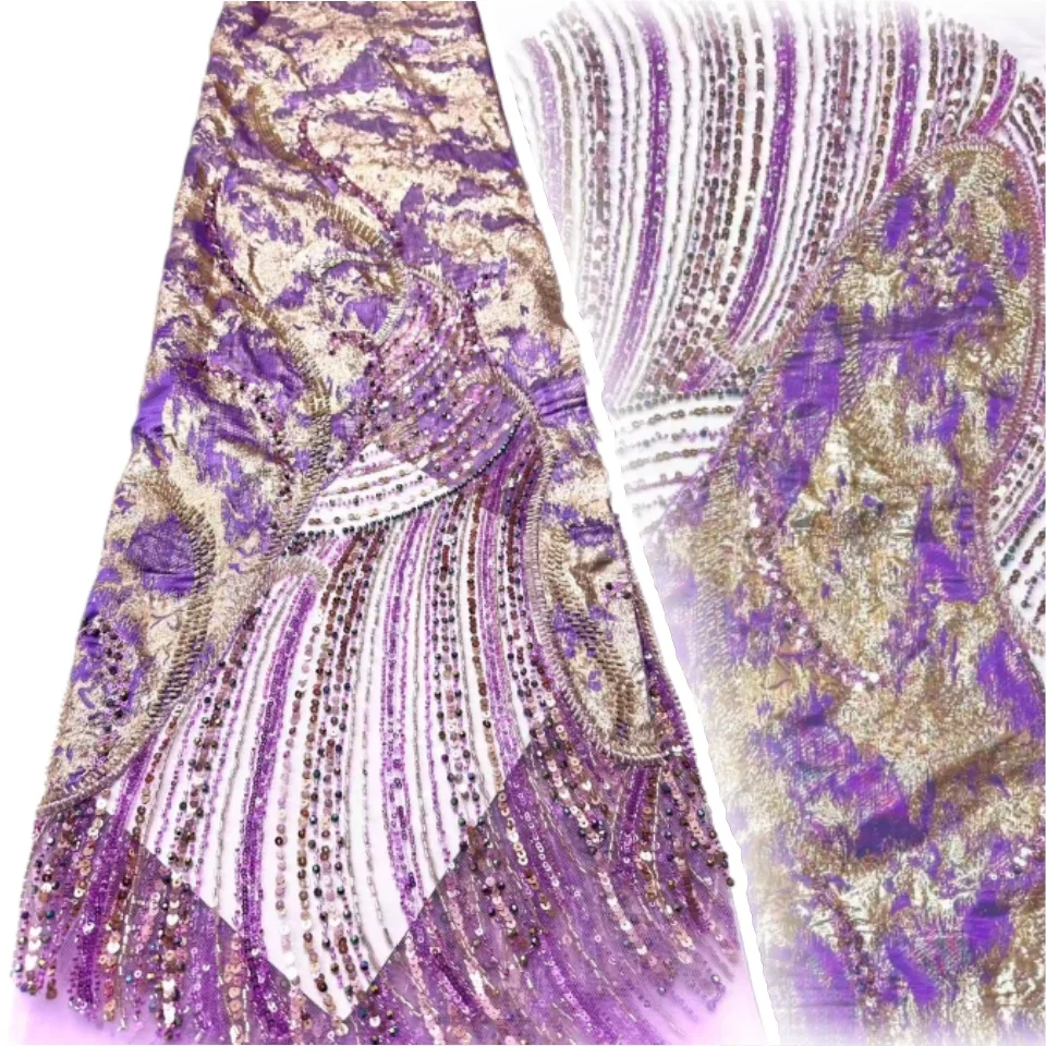 

African Luxury Purple Beaded Lace Fabric High Quality Nigeria Sequins French Tulle Lace Fabric for Sewing Wedding 2033