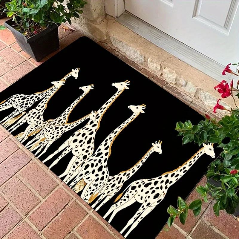 1pc Giraffe Welcome Mat - Soft Black & White Giraffe Design, Durable Polyester, Machine Washable, Non-Slip Backing, Perfect for