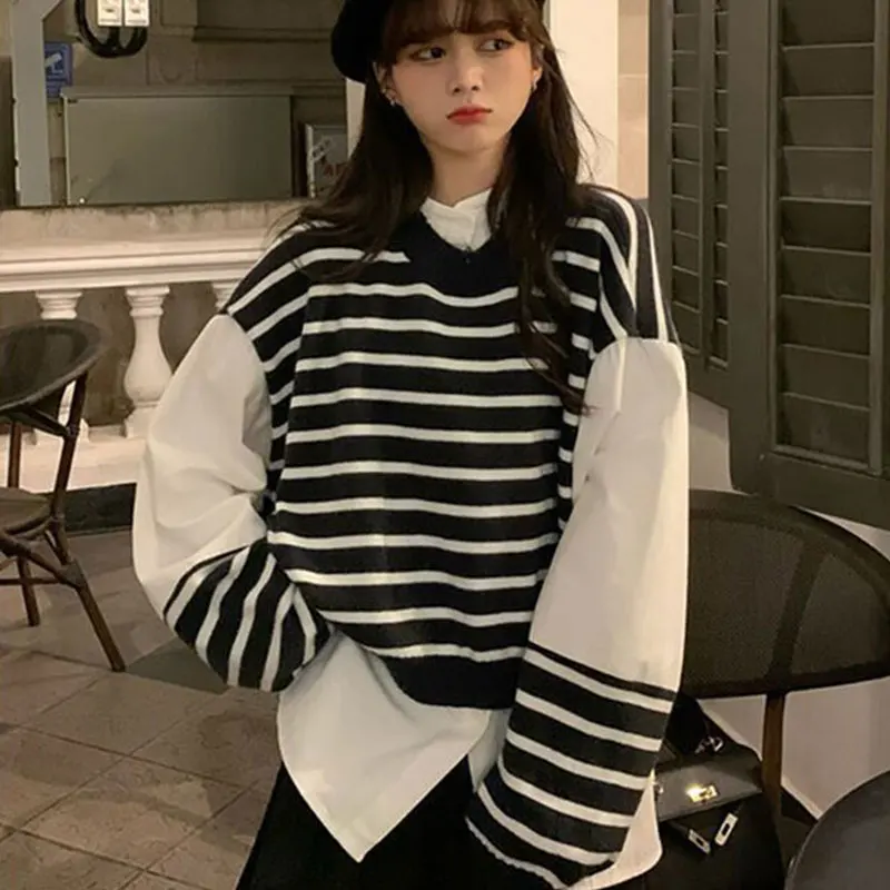 Elegant Fashion Harajuku Slim Fit Fake Two Pieces Patchwork Blouse Stripe O Neck Insert Long Sleeve Tops Women Female Clothes