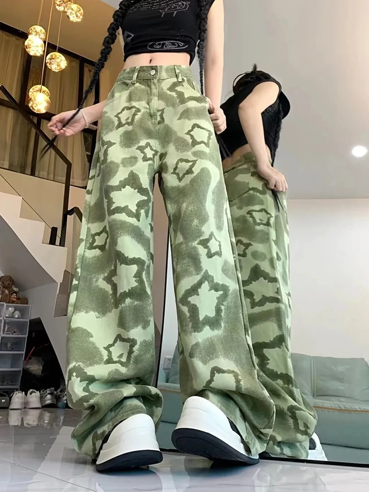 Zoki Vintage Stars Green Jeans Women High Waist American Y2K Denim Pants Casual Loose Retro Harajuku Female Streetwear Trousers