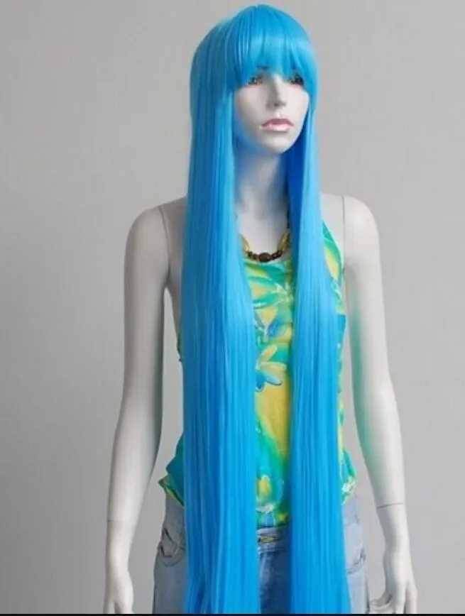 

WIG WBY Long Straight Sky Blue Neat Bang HI Temp Cosplay Party Hair Wigs 100cm