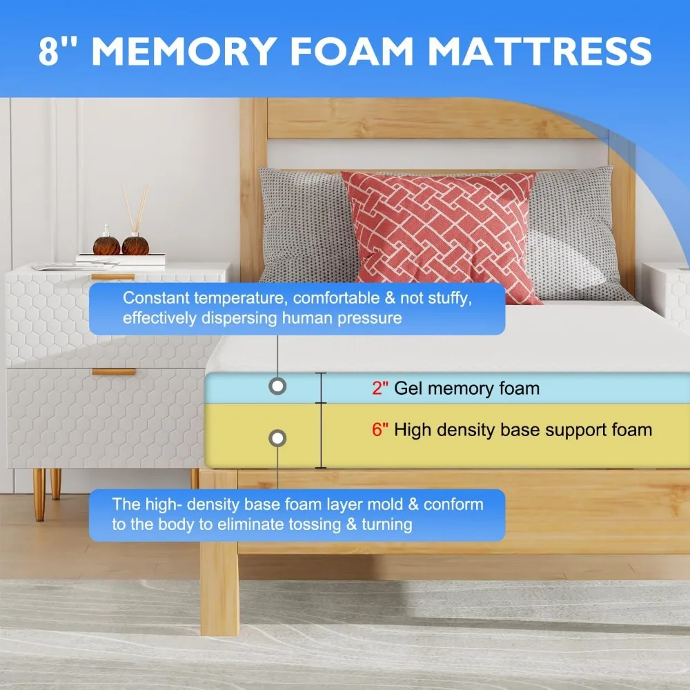 Matelas en gel mousse à mémoire de forme, 8 pouces, lit respirant, pour un sommeil plus frais