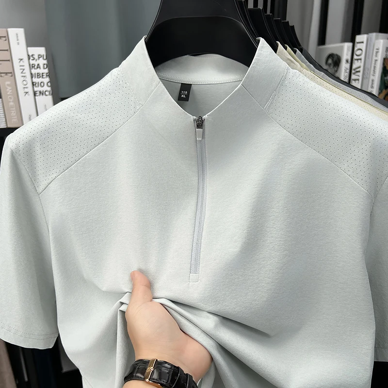Fashion half zipper stand collar short sleeve men's T-shirt new solid color luxury summer ice silk breathable sports casual top
