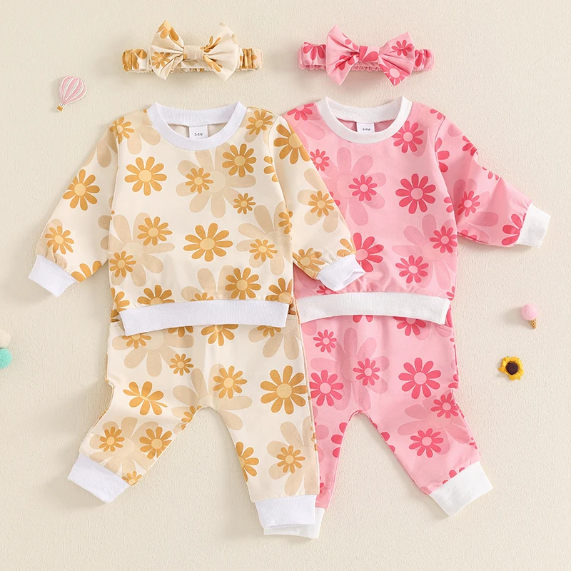 

Lovely Autumn Newborn Baby Girls Clothes Flower Print Long Sleeve Crew Neck Sweatshirts Sweatpants Headband Casual Outfits