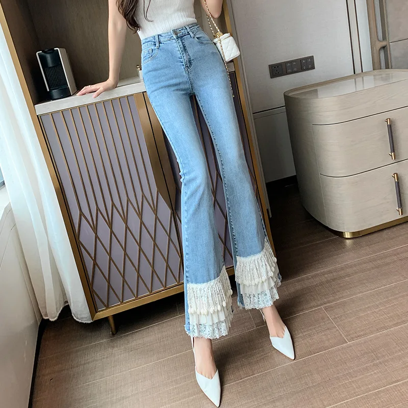 Heavy Work Fashion Lace Stitching Bead Chain Flare Jeans Women High Waist Slim Stretch Denim Pants s32