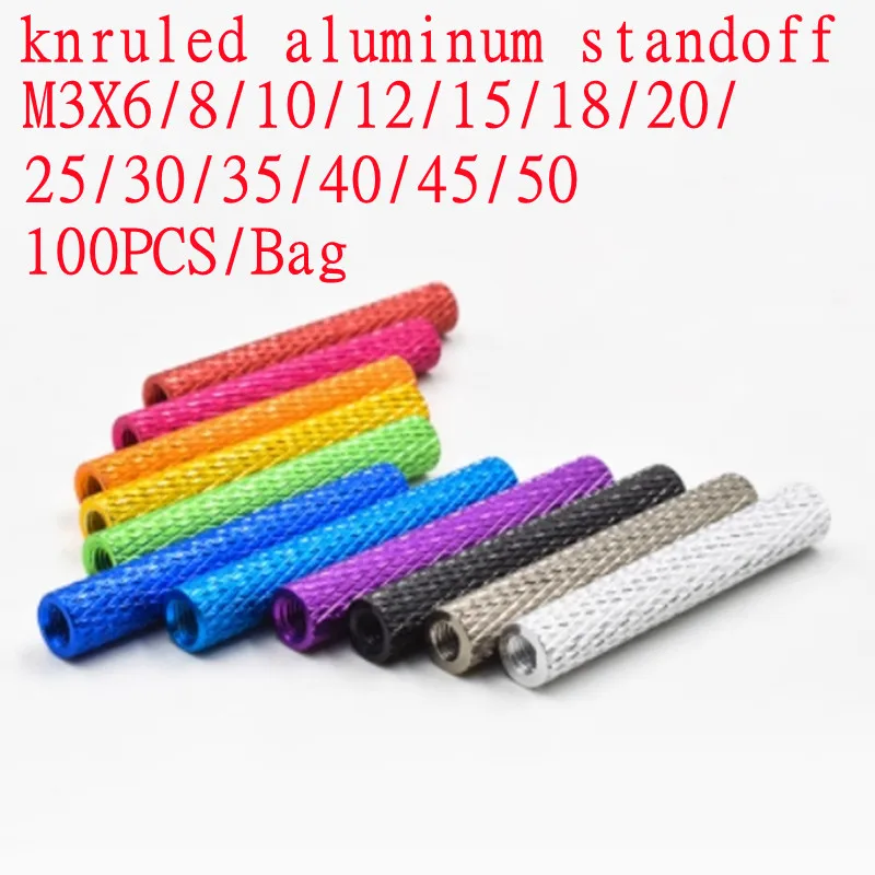 100pcs/lot Knurled Aluminum Standoff M3*6/8/10/12/15/20/25/28/30/35/40/45/50 Colourful Aluminum Spacer