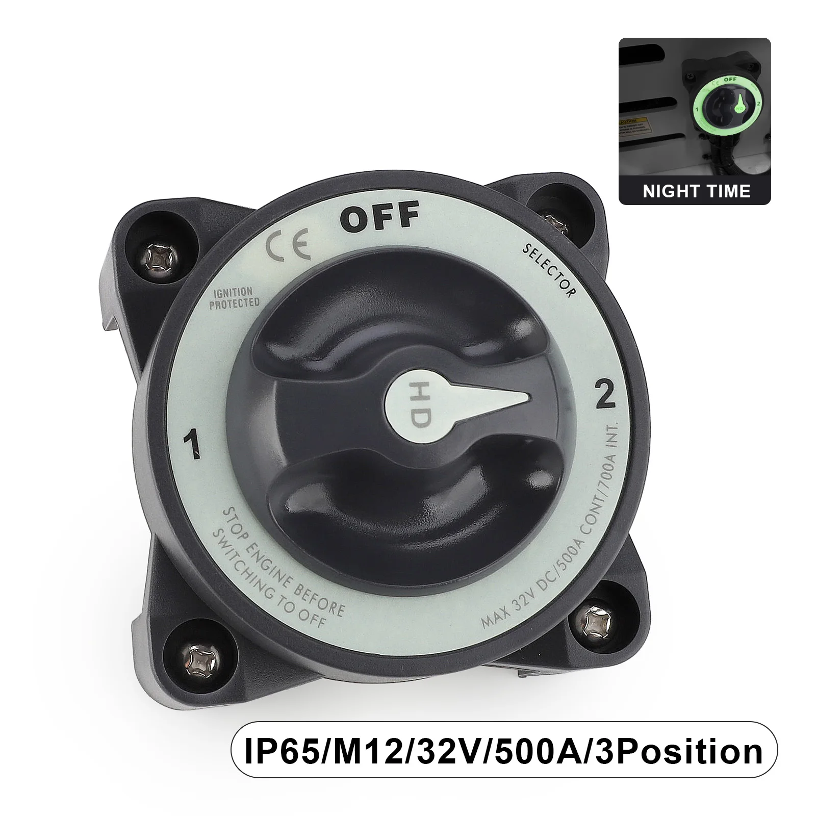 

12-48V 500A 2 Battery Disconnect Switches AFD 3 Position Isolator Disconnect M12 Luminous Rotary Switch for Marine Boat Truck RV