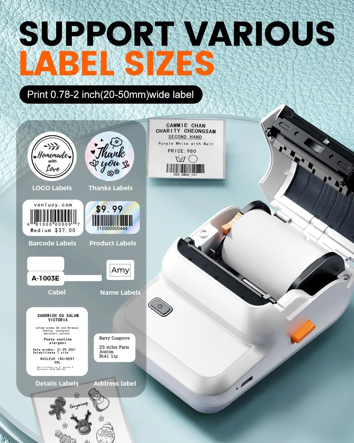 Phomemo Label Printer M100 Barcode Printer Blue Tooth Portable Thermal Label Maker for Phone/Tablet/PC/Mac