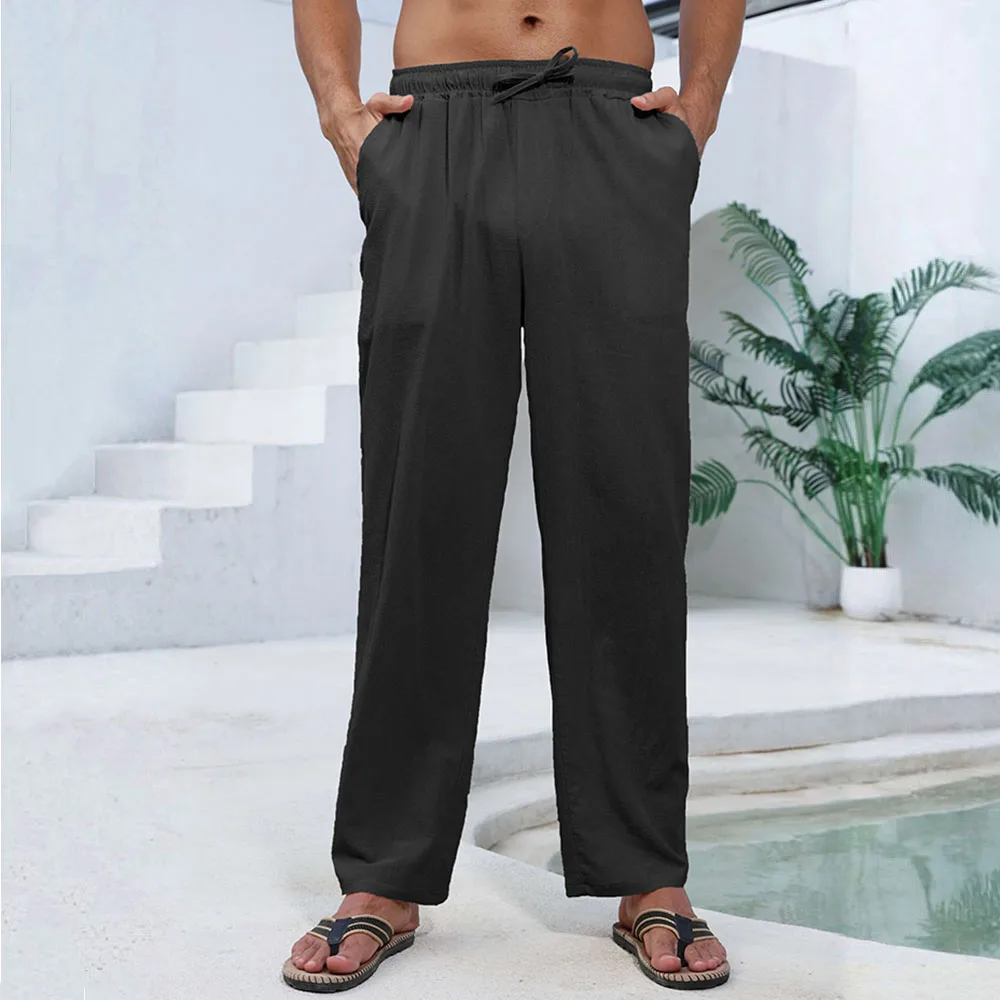 بنطال رجالي من القطن والكتان بأرجل مستقيمة وخفيف الوزن ومسامي، بنطال مريح على طراز الشاطئ بلون سادة، بنطال رياضي مريح غير رسمي