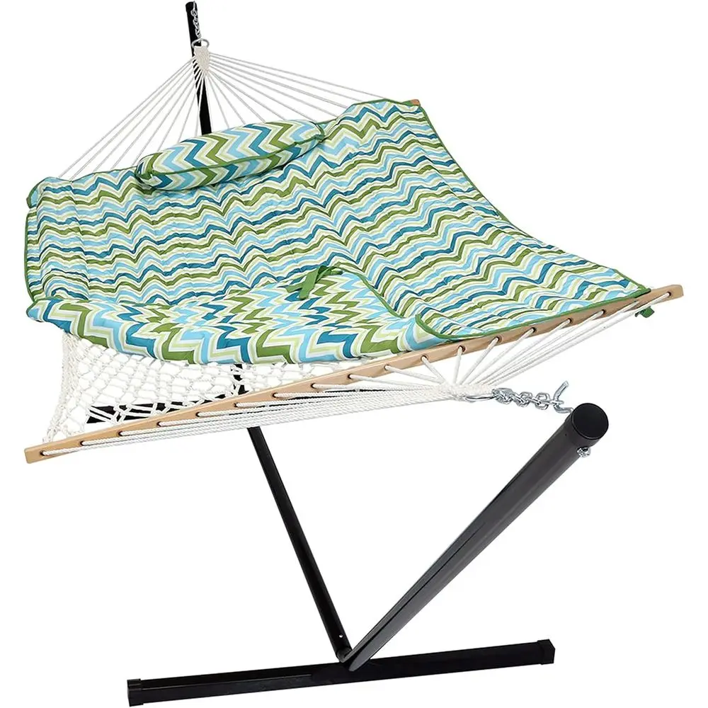 Rope Hammock with Stand - 275-Pound Capacity - Includes 12-Foot Hammock Stand, Spreader Bar, Pad, and Pillow - Blue and Green Ch