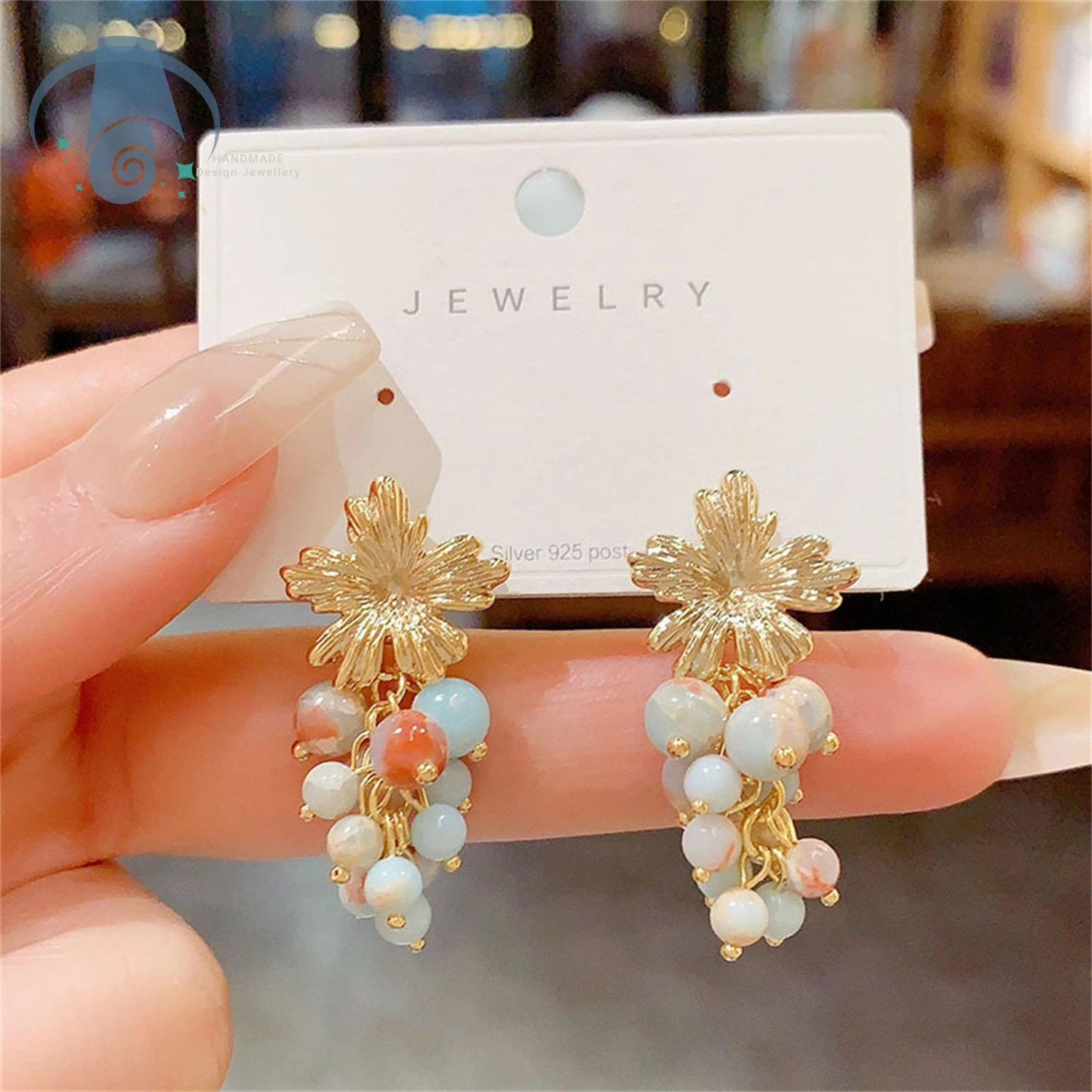 Natural Turquoise Grape Cluster Stud Earrings Vintage Light Luxury Silver Post Elegant and Handmade Jewelry for Women Daily Gift