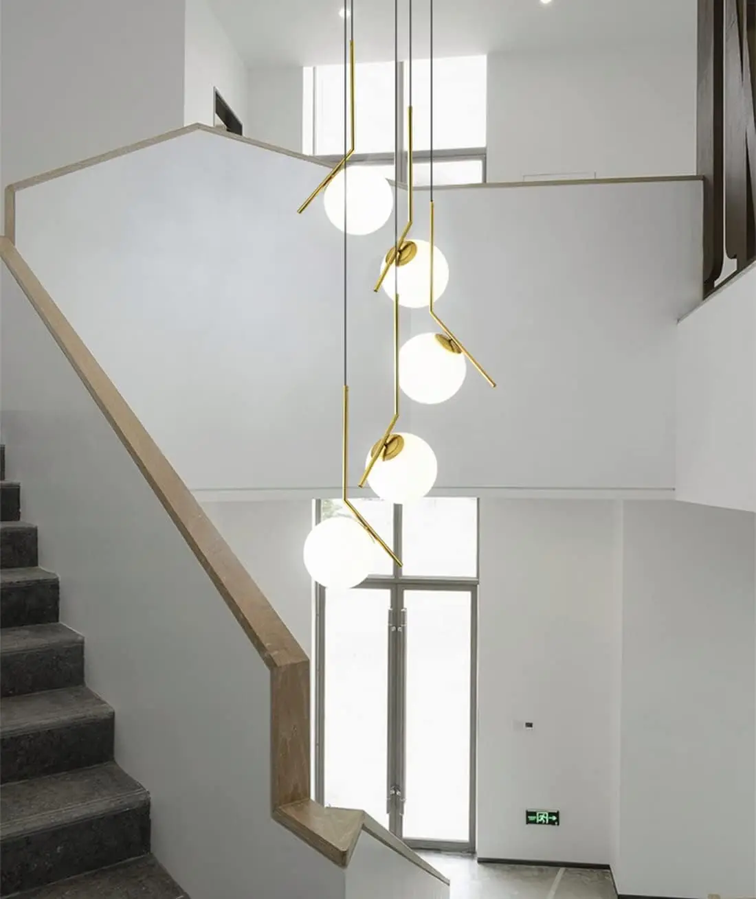 Modern Chandelier Globe for Staircase 5-Light Glass Linear Pendant Light Black and Gold Pendant Light for Bedroom Dining