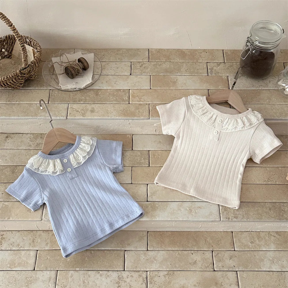 Summer Casual Children T-shirt Lace Ruffle Collar Short Sleeve Top For Girls Breathable Cotton Kids Clothes