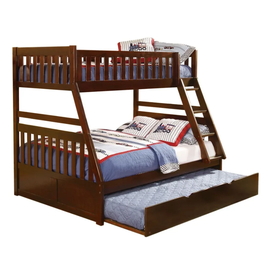 1pc Twin/Full Bunk Bed with Twin Trundle Dark Cherry Finish Wooden Bedroom Furniture