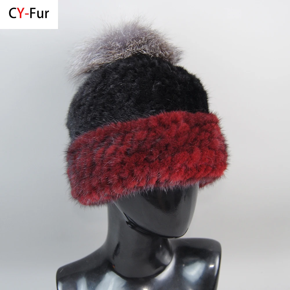 

2025 New Fox Fur Pom Poms Thick Warm Real Mink Fur Cap Lovely Real Mink Fur Hat Women Winter Knitted Real Mink Fur Beanies Hats