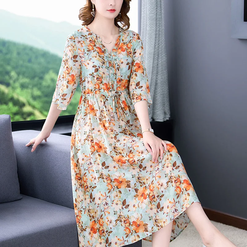 2023 Nova Moda De Seda Vestido Impresso Verão das Mulheres Elegante V-Neck Fragmentado Flor Solto Fit Casual Holiday Dress Vestidos