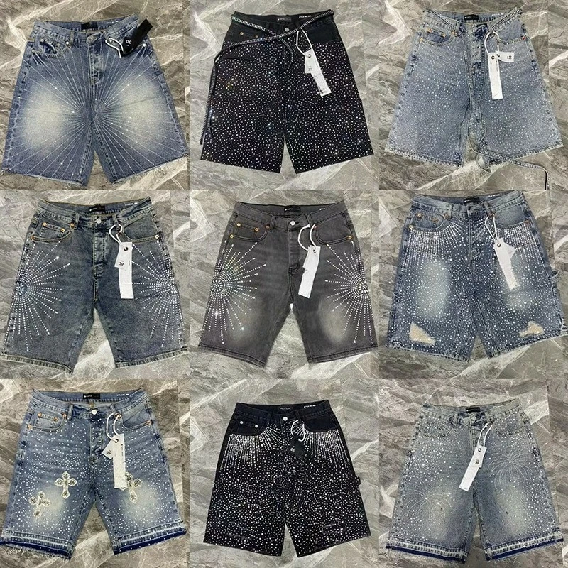 Ropa de calle Vintage con lentejuelas y diamantes de imitación, pantalones vaqueros cortos Y2K, pantalones cortos holgados brillantes lavados de Hip Hop, pantalones cortos informales por encima de la rodilla de cintura baja