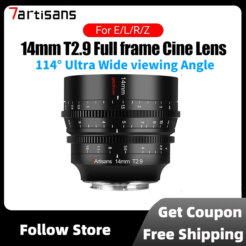 

7artisans 14mm T2.9 Full Frame 114°Ultra Wide Angle Manual Spectrum Cine Lens For Leica TL SIGMA FP Canon RF Sony E Nikon Z