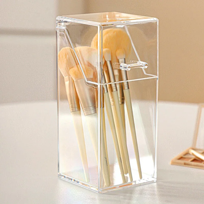 1 Uds. Cubo para brochas de maquillaje de escritorio a la moda, portavasos con tapa, maquillaje a prueba de polvo, lápiz labial, caja de cosméticos, tubo organizador transparente