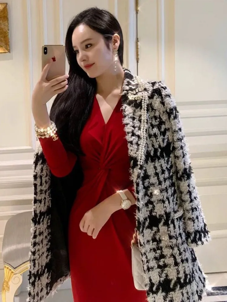 

Elegant Office Ladies Lattice Woolen Jacket New Autumn Winter Luxury Pearls Double Breasted Slim Fit Women Vintage Long Jacket