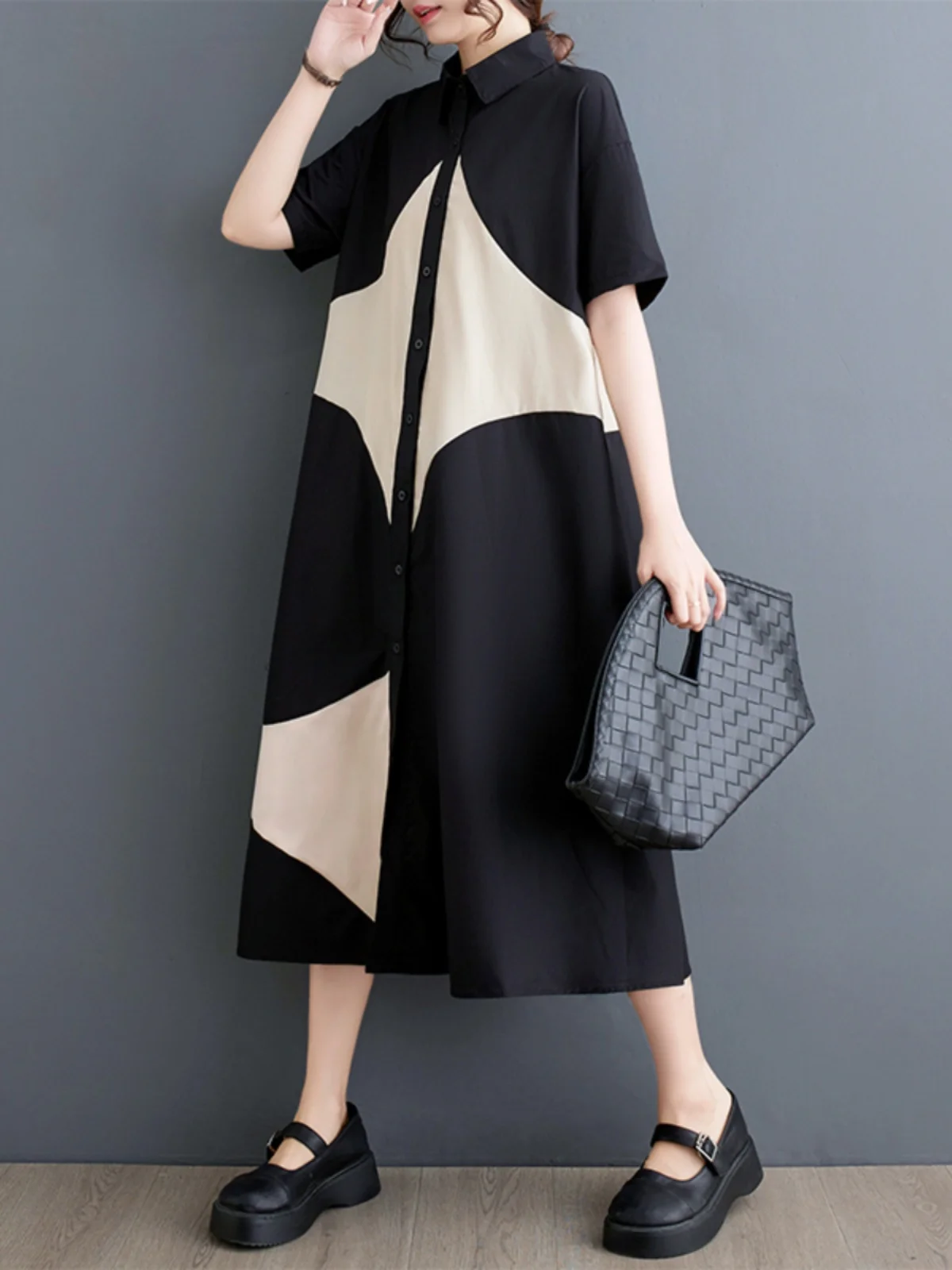 Vestido Casual de Verão Plus Size com Estampa e Mangas Curtas, Silhueta A-Line, Estilo de Trabalho, Gola Alta