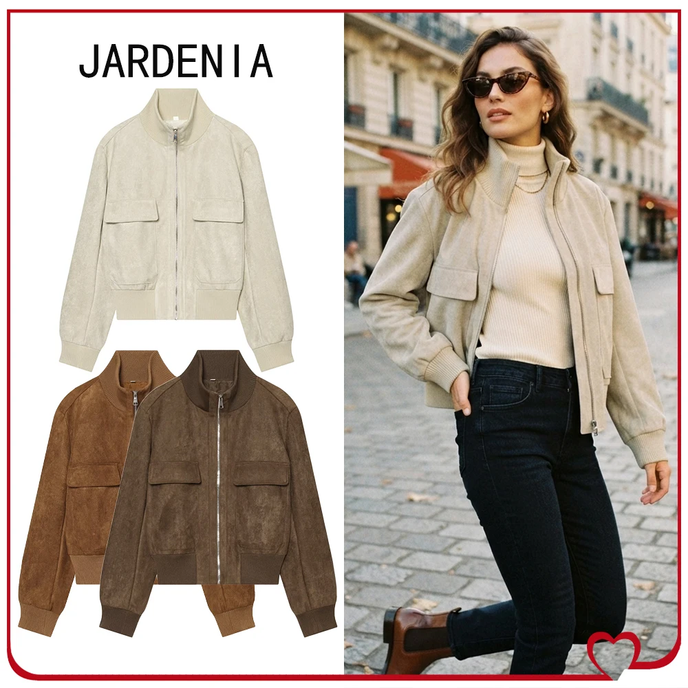 Vintage Faux Suede Bomber Jacket for Women New in Autumn Stand-up Collar Zippered Jacket with Flap Patch Pockets and Ribbed Trim