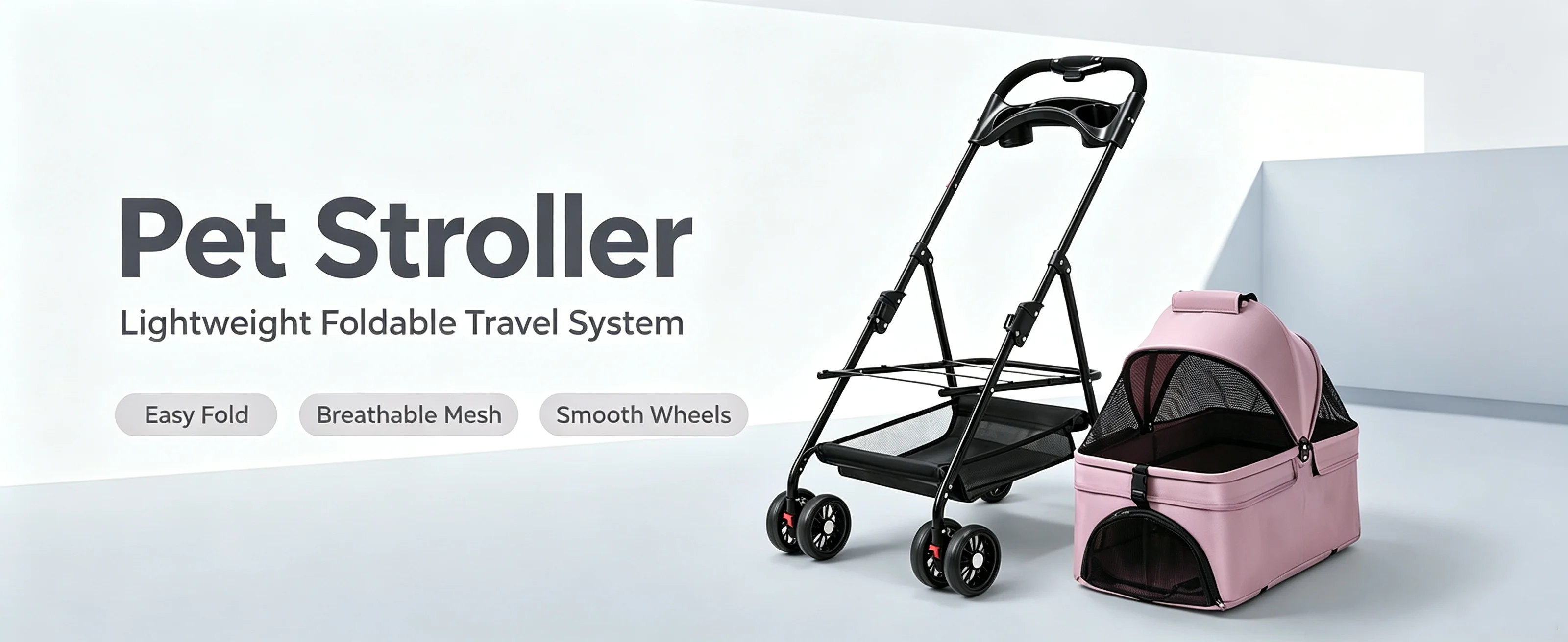 Faltbarer Tierwagen, faltbarer Trolley für Hunde und Katzen, inklusive Getränkehalter, Aufbewahrungskorb, Räder mit Bremse, Stoff 600D Oxford, Stahl, 72x50x95 cm, grau/schwarz/blau/rosa/grün – Detail 1