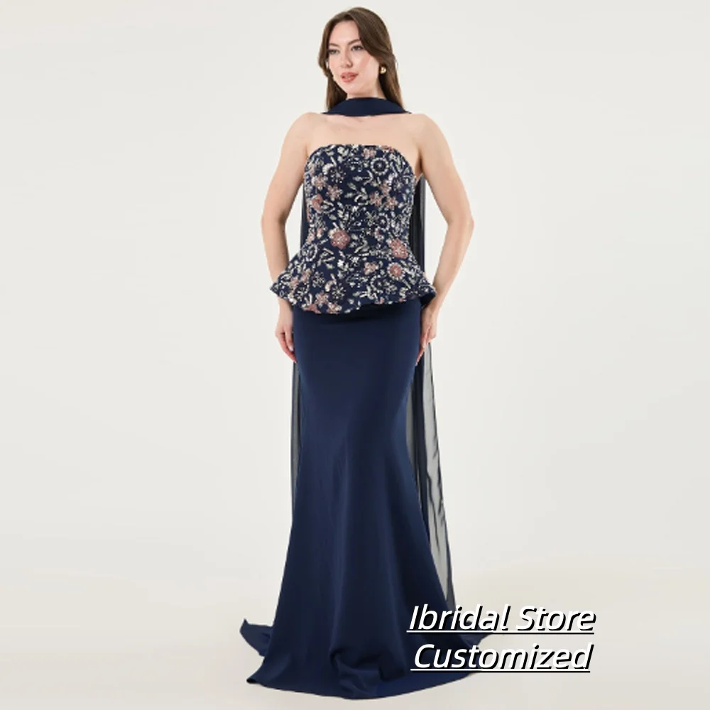 

Customized Modern Appliques Beads Strapless Evening Dresses Backless Pleat Floor-Length Straight Prom Gown Long vestidos