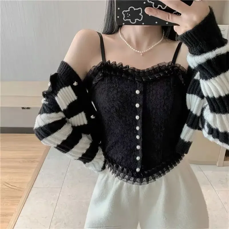 2024 Summer New Korean Sexy Sleeveless Lace Short Top Vest Retro Corset Casual Lace Vest