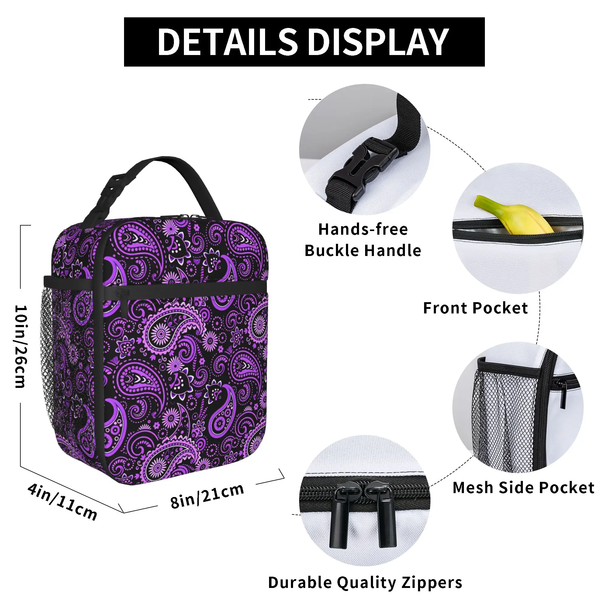 Purple Floral Paisley Bohemian Dark Lunch Bag For Unisex  Print Picnic Lunch Box Fashion Portable Oxford Cooler Bag