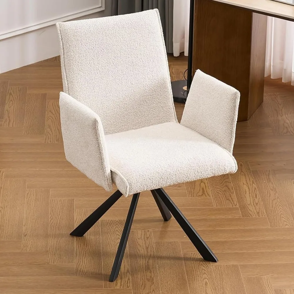 

Boucle Desk Chair No Wheels, Mid Century Mordern Office Chair Swivel Adjustable Height with High Back and Arms for Home O