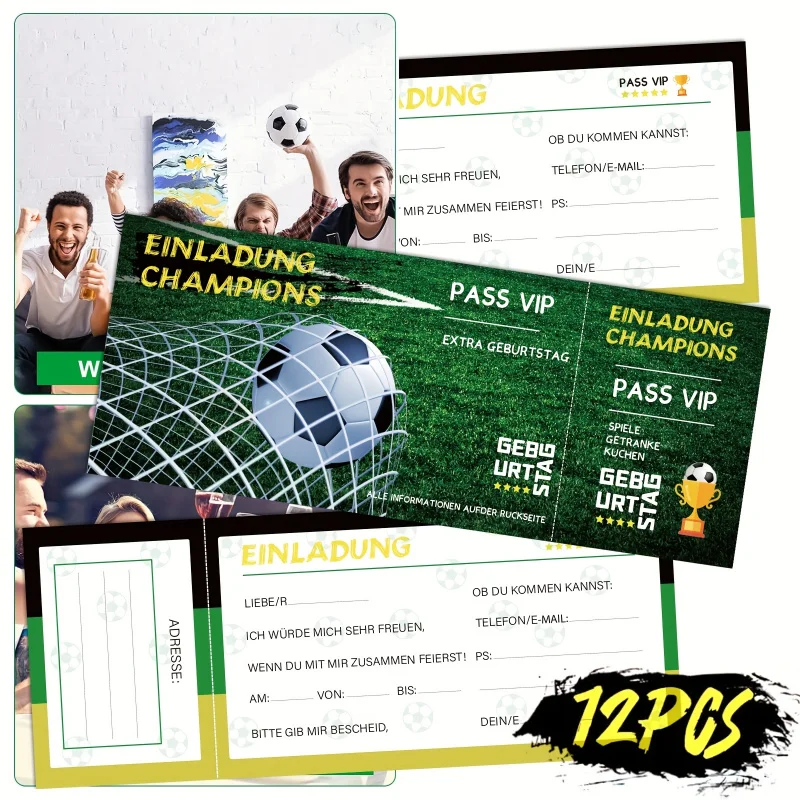 12-teilige Einladungskarten für Fußballpartys – Geburtstagskarte mit einzigartigem Design, Unisex, vorgefüllt