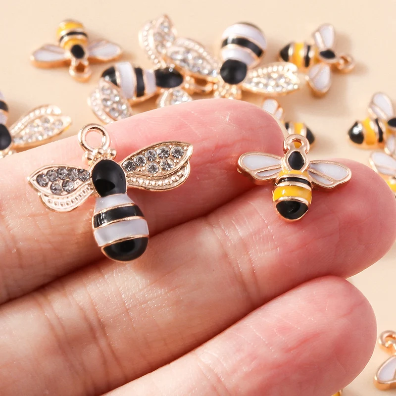 10pcs Cute Enamel Crystal Tiny Honey Bee Charm for Jewelry Making Accessories Earring Necklace Bracelet Hondycomb Charm Pendant