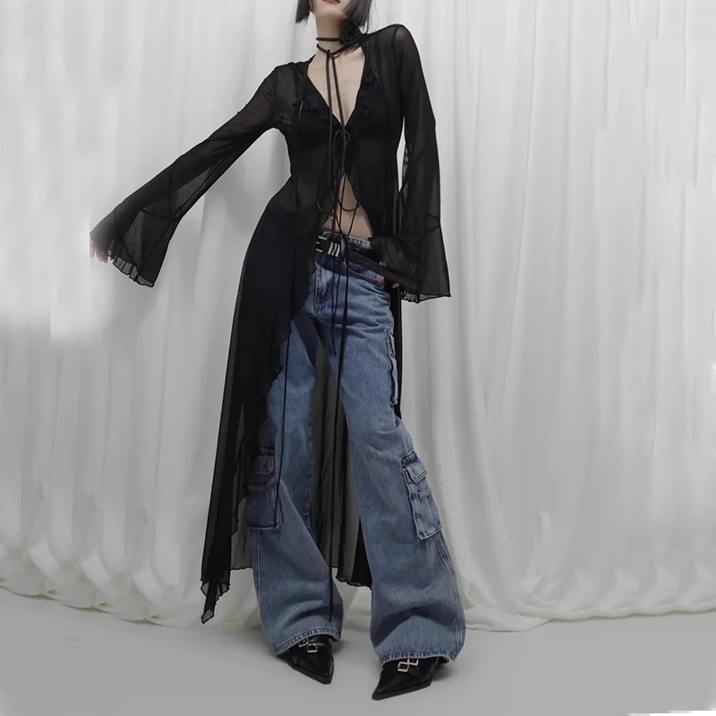 Gidyq Black Sheer Mesh Beach Dress Women Sexy Lace Up Cardigan Long Sleeve Dress Summer Elegant Female Holiday Party Vestidos