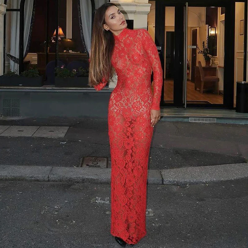 

Women Sexy Lace See Through Bodycon Red Long Dress Summer Spring Party Nightclub Lady Maxi Dresses Fashion Clothes 2024 New