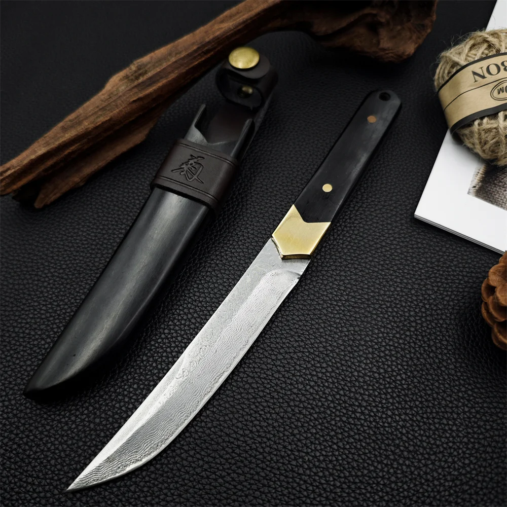 

VG10 Damascus Blade Ebony Handle with Wood Sheath Pocket Knife Tactical Hunting Tools Self Defense EDC Camping Survival Knives