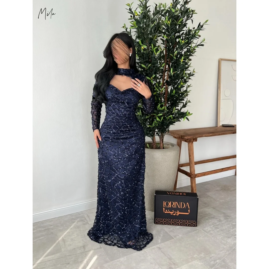 

Mila Темно-синие платья для выпускного вечера с высоким вырезом и длинными рукавами, расшитые бисером, вечерние платья русалки по индивидуальному заказу, длиной до пола