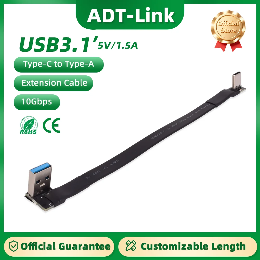 ADT-Link 3A USB 90° Type C to USB C Cable Ribbon Flat Angled Up Down Left Right Type A USB 3.0 type-C Fast Charging Data Cable