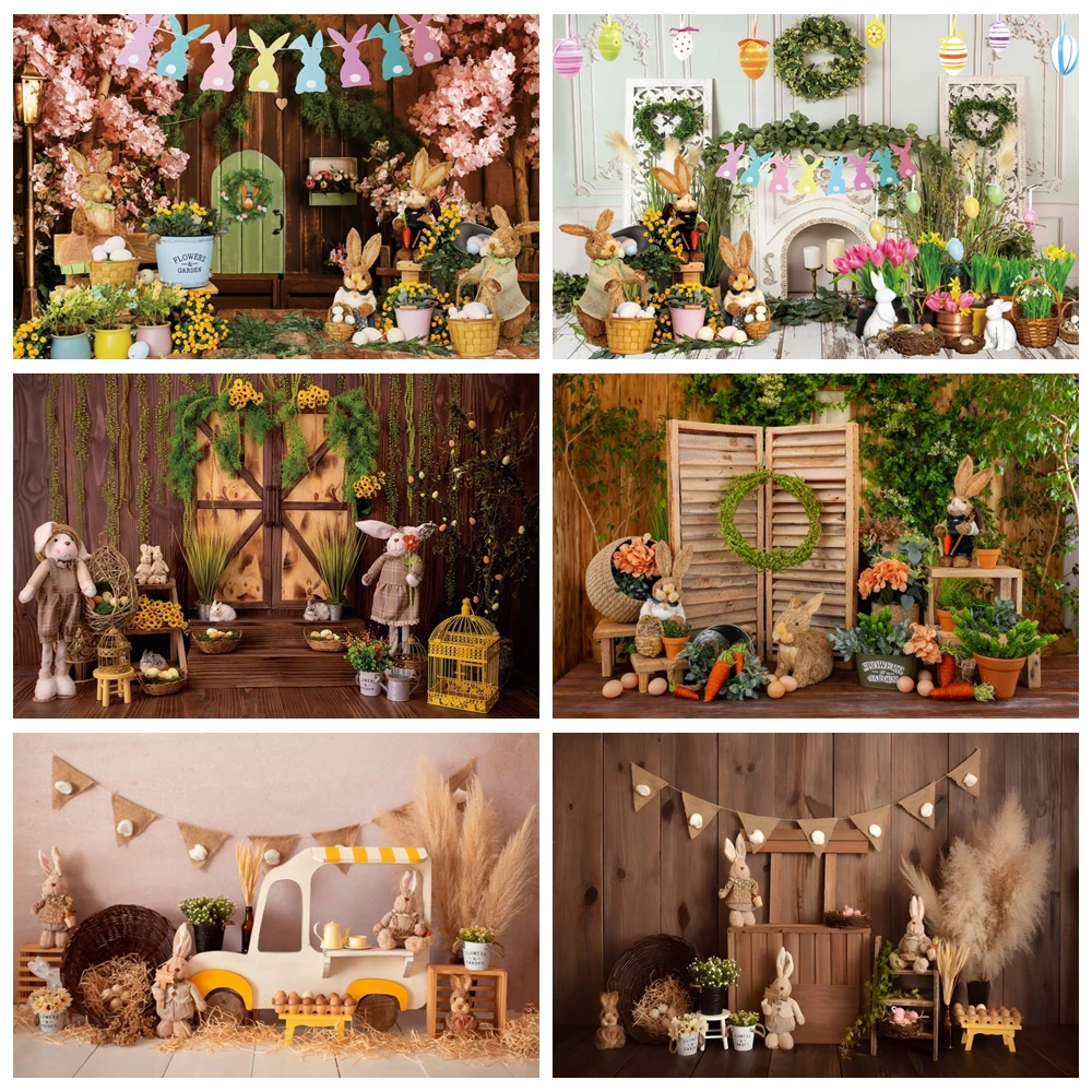 

Spring Easter Backdrops for Photography Bunny Wooden Floor Rabbit Eggs Flower Baby Birthday Portrait Background Photo Studio
